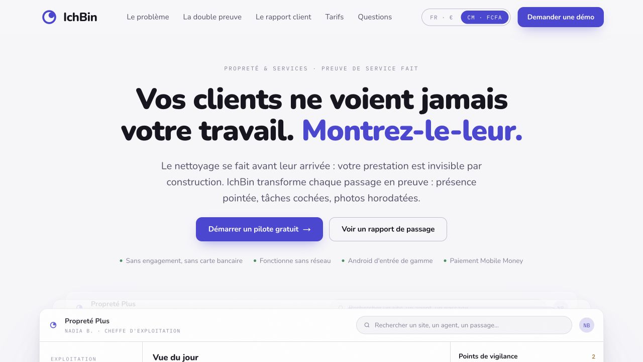 Vraie page d’accueil IchBin, suivi des prestations de propreté.