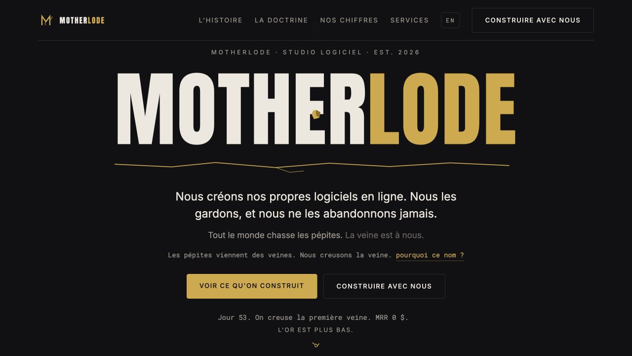 Le site du studio Motherlode, avec sa grande signature crème et or sur fond noir.
