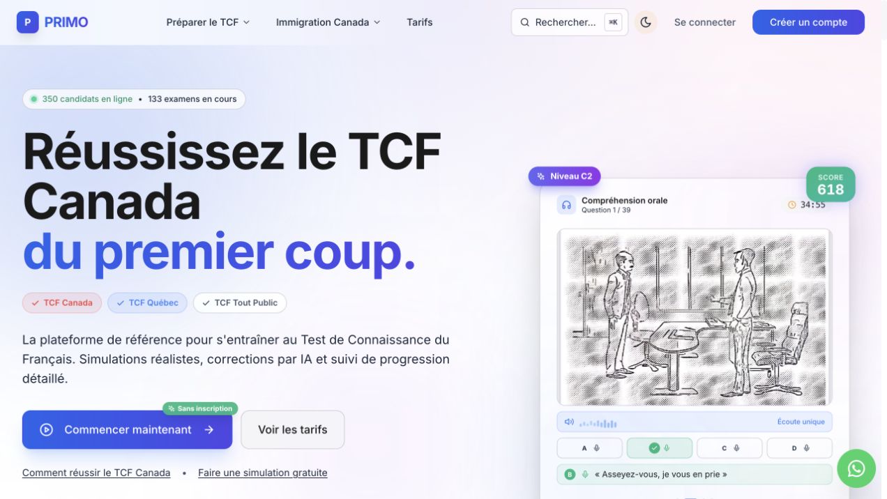 Vraie page d’accueil de Primo, préparation au TCF.